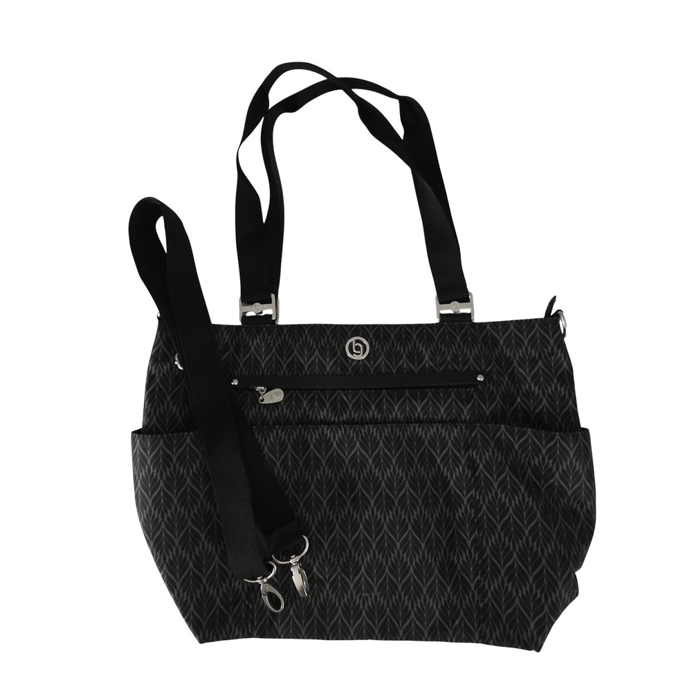 B by Baggallini Black Grey Leaf Print Tote Crossbody Bag Multi Pocket Travel